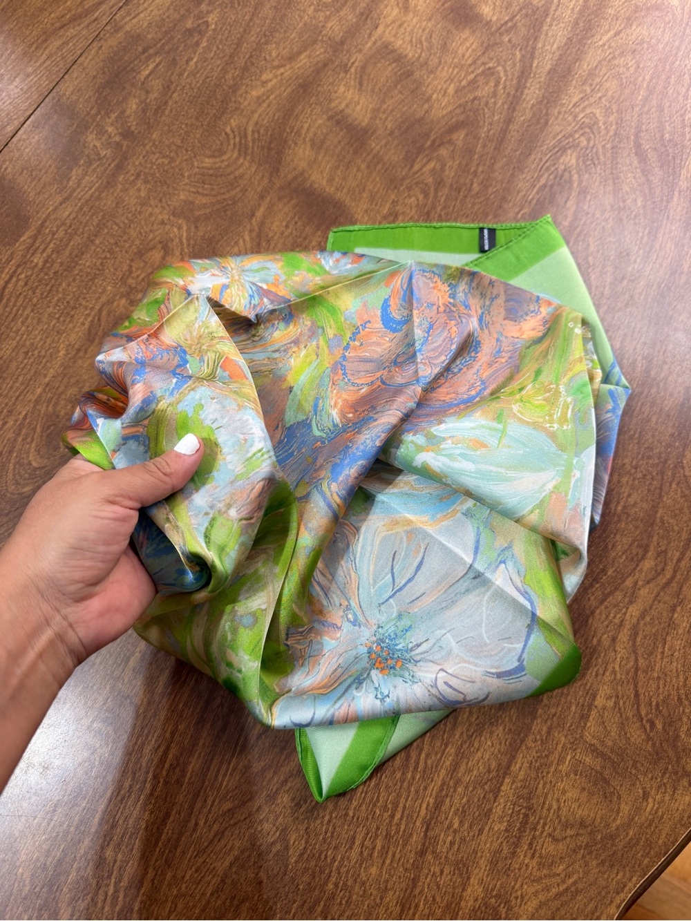 Floral Silky feeling Scarf in Pastel Green, Blue & Peach